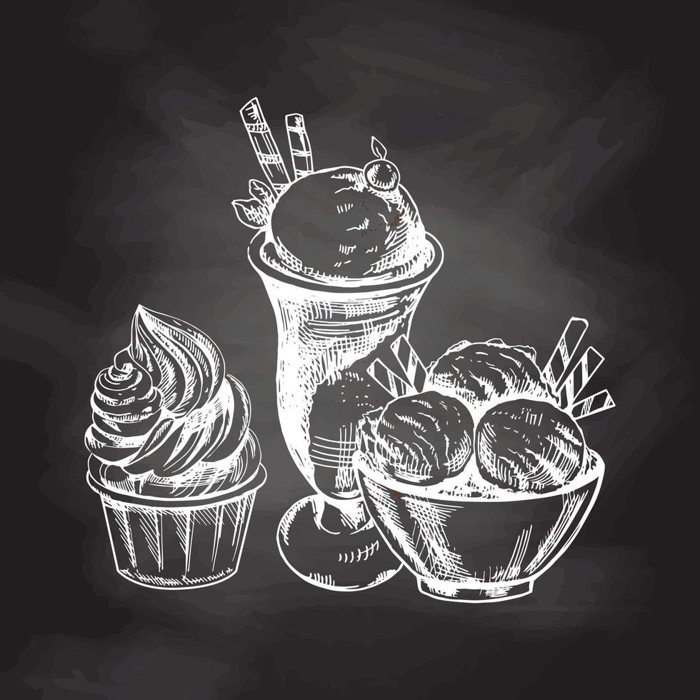 A hand-drawn sketch of ice cream balls in a cup, froze yoghurt isolated on chalkboard background. Vintage illustration. Element for the design of labels, packaging and postcards. vector