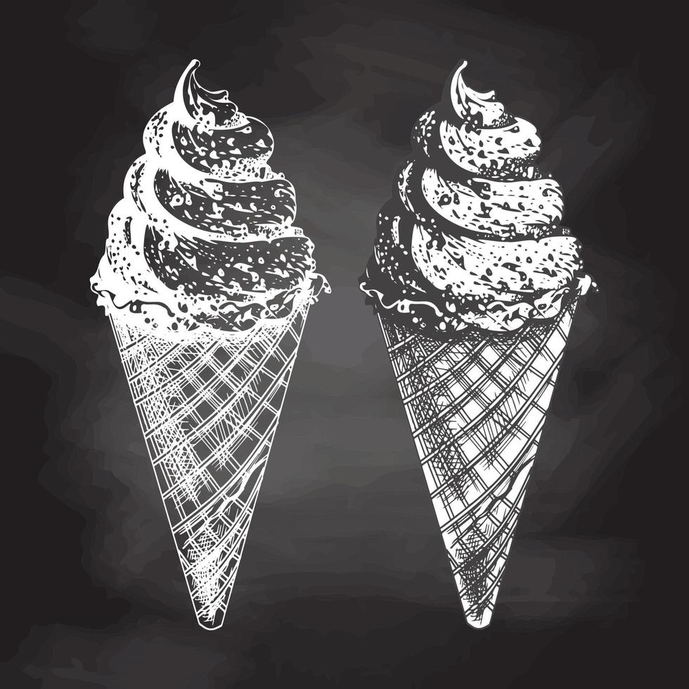 Hand-drawn sketch of a waffle cone with frozen yogurt or soft ice cream isolated on chalkboard background, white drawing. Vector vintage engraved illustration