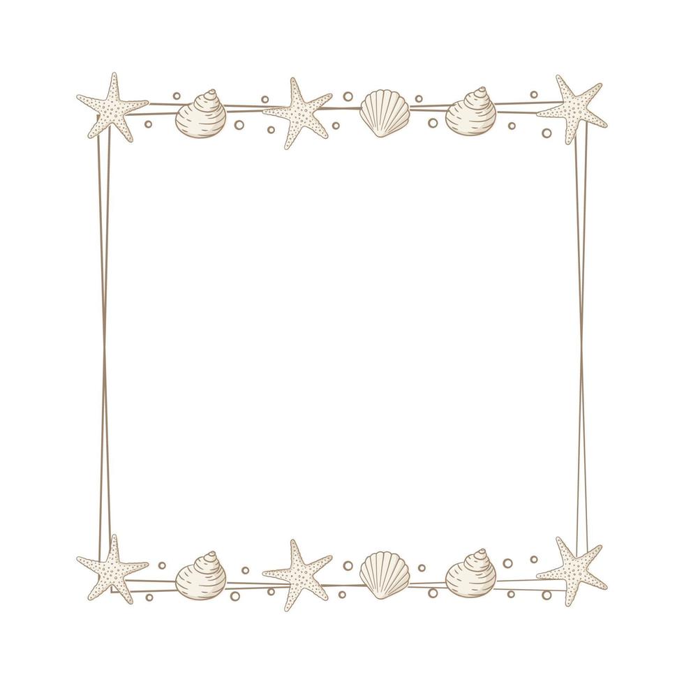 Square seashells frame. Sea and ocean design vertical template. Vector illustration summer or beach party advertising design