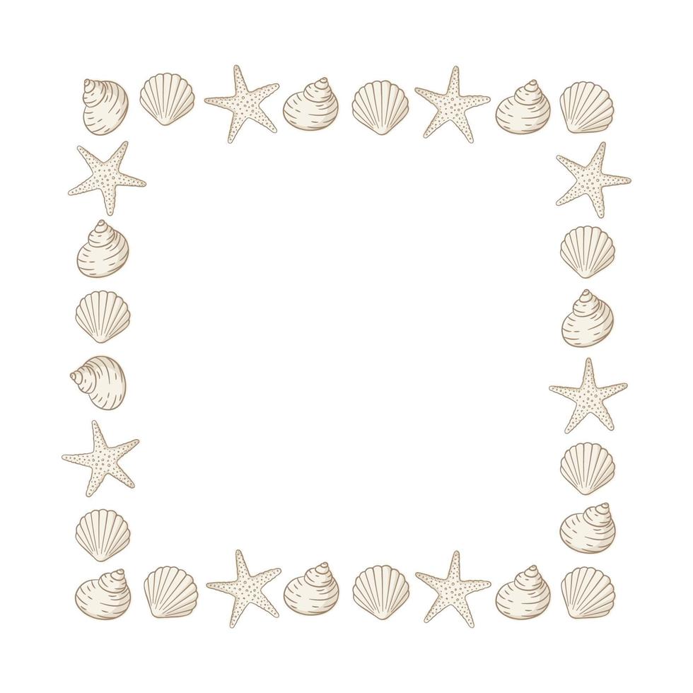 Square seashells frame. Sea and ocean design vertical template. Vector illustration summer or beach party advertising design