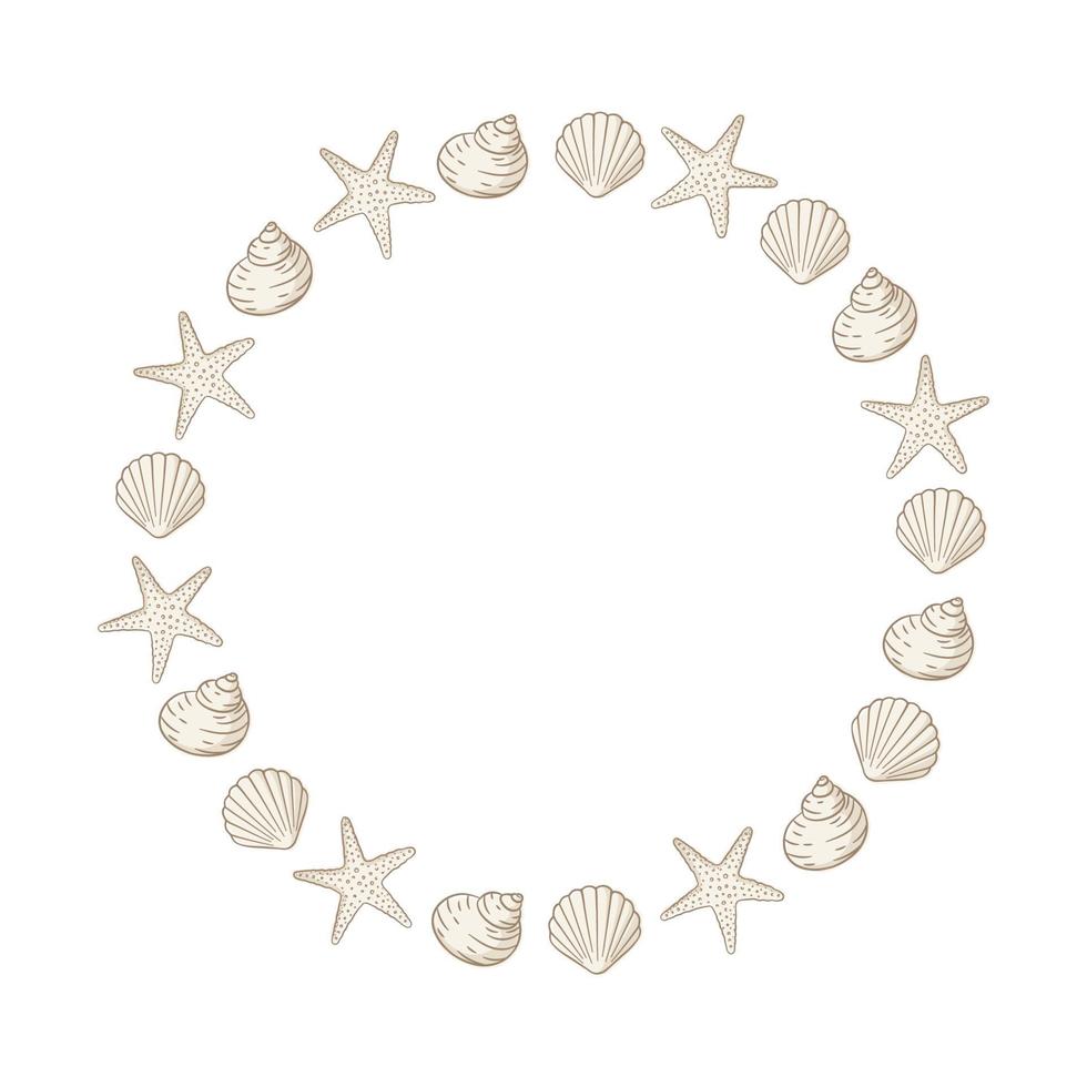 Round seashells frame. Sea and ocean design vertical template. Vector illustration summer or beach party, advertising design