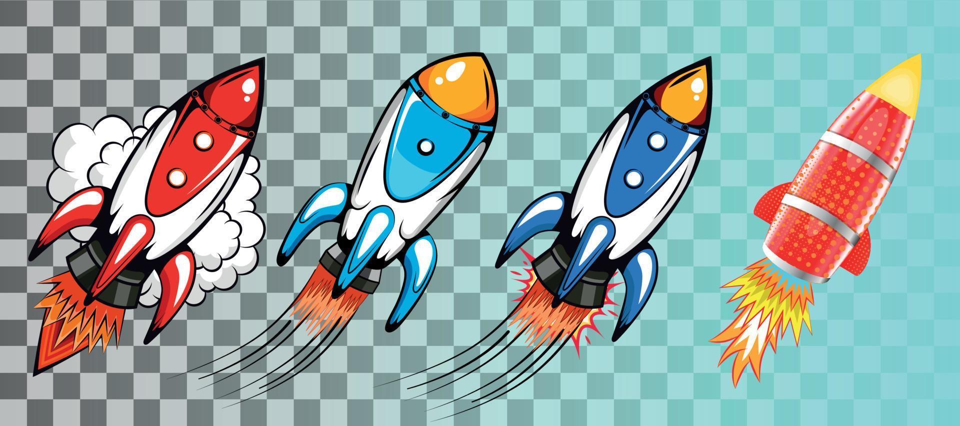 Set of rockets in retro pop art style vector illustration