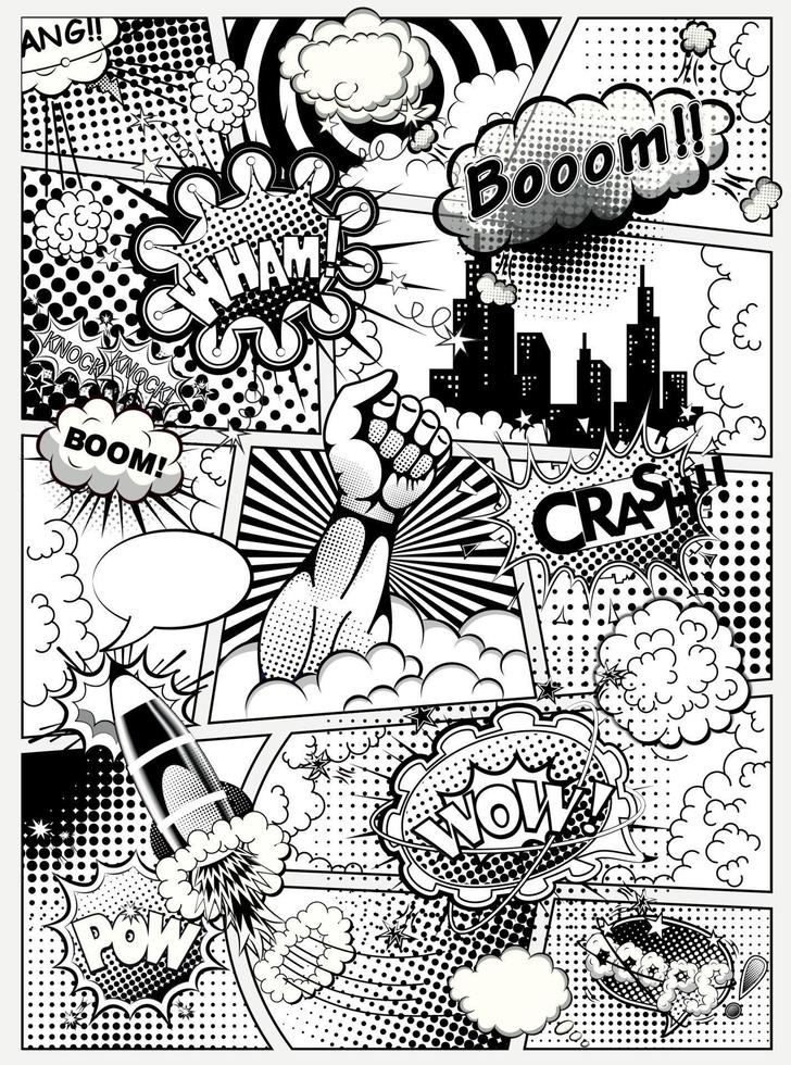 Black and white comic book page divided by lines with speech bubbles, rocket, superhero hand and sounds effect. Vector illustration