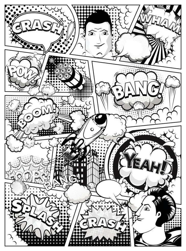 Black and white comic book page divided by lines with speech bubbles, rocket, superhero hand and sounds effect. Vector illustration