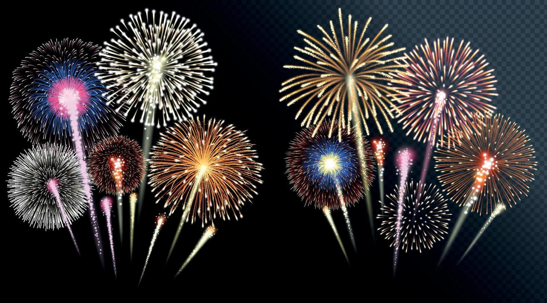 Two groups of isolated fireworks. Vector illustration.