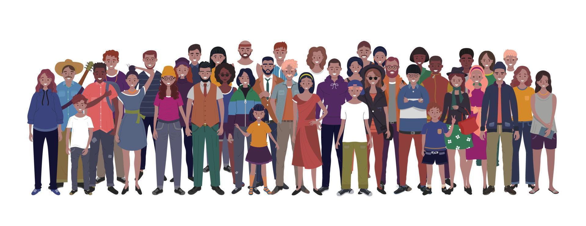 multinacional grupo de personas aislado en blanco antecedentes. niños, adultos y adolescentes estar juntos. vector ilustración