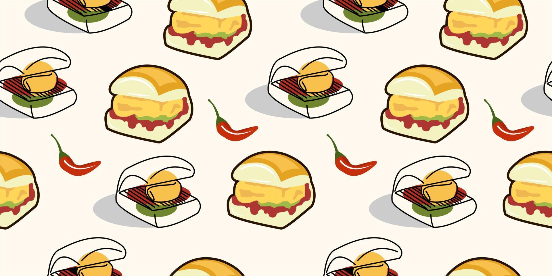 seamless pattern cartoon vegetarian burger Indian traditional street foods vector