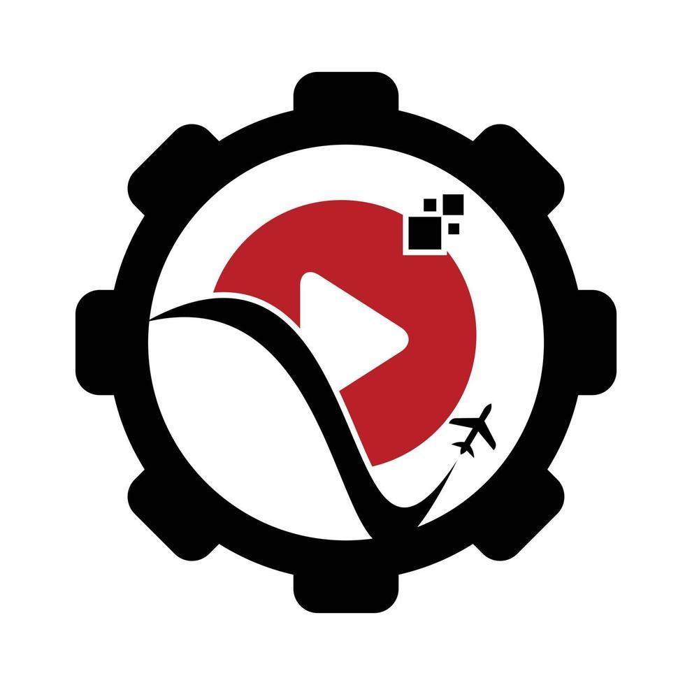 Airplane play button logo design. Airplane and record symbol or icon. Travel media gear shape logo design vector. vector