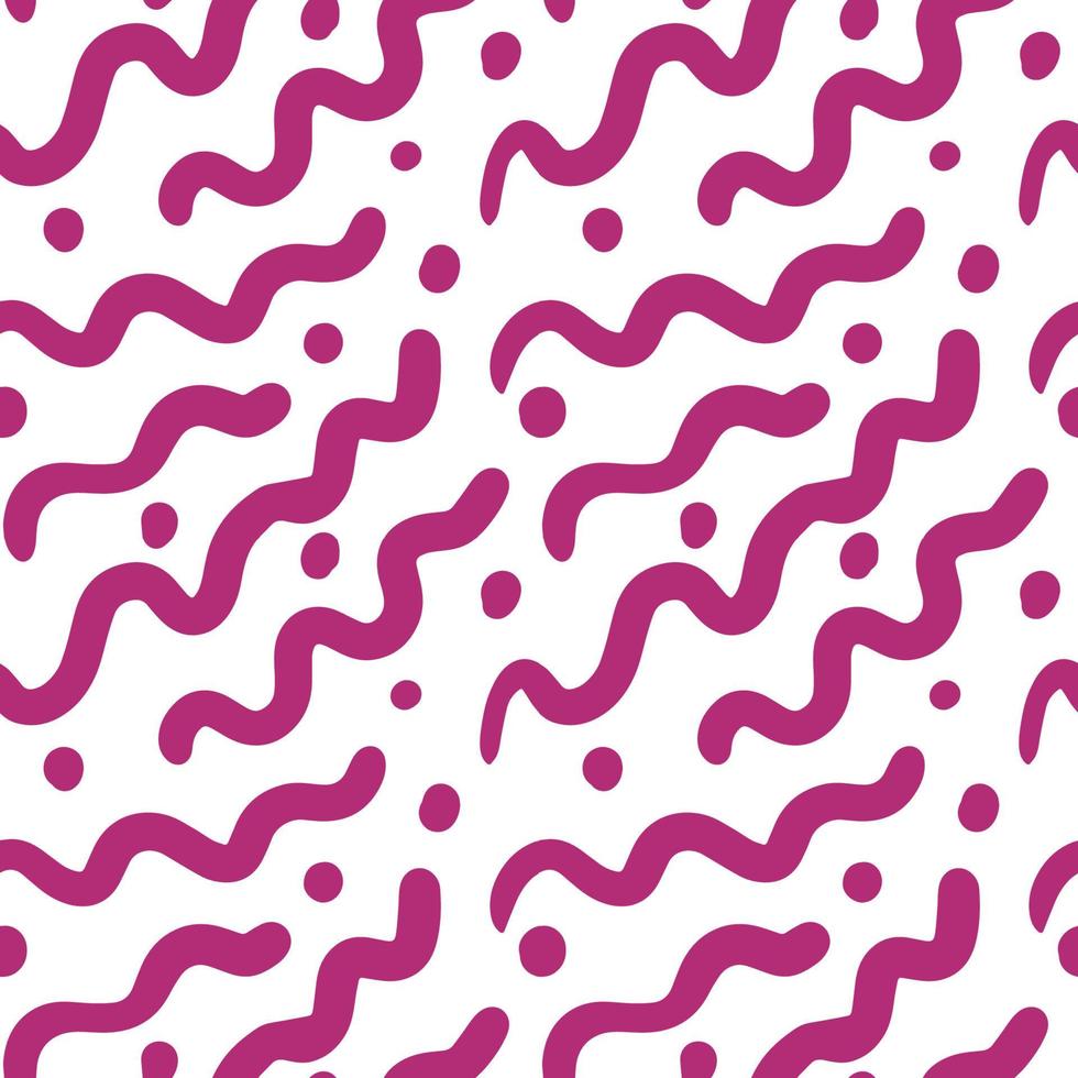 Seamless twisty lines and dots. Red color. For pattern, canvas or wrapping paper. Flat doodle illustration. Vector