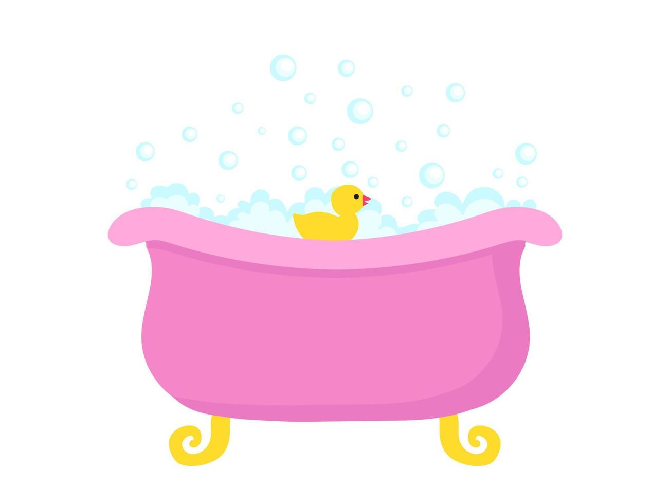 Bathtub full of soap foam bubbles with yellow rubber duck in a cartoon flat style. vector illustration