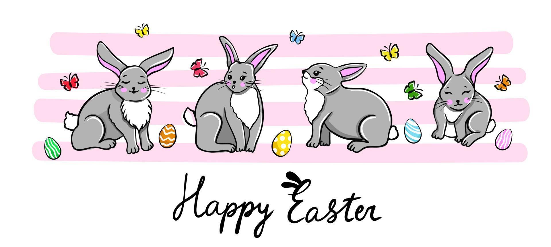 Happy Easter banner. Trendy Easter design with cute rabbits and eggs, vector illustration