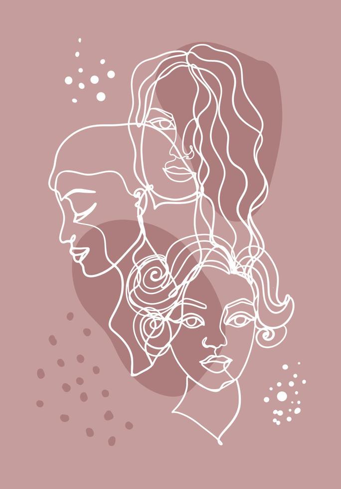 Women faces in one line style vector illustration. Template for postcards, clothes print and more.