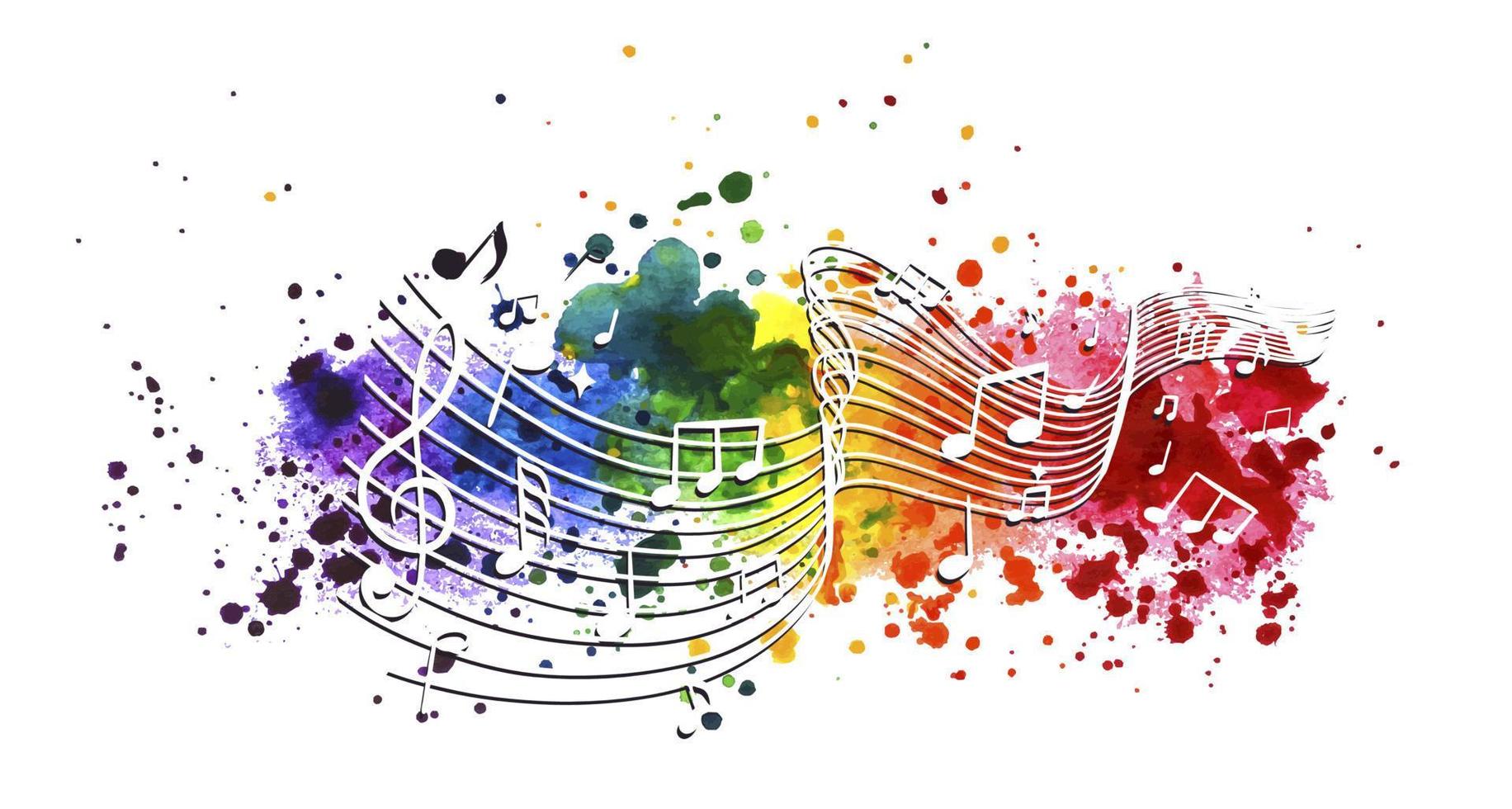 rainbow vector music background with notes and watercolor splash