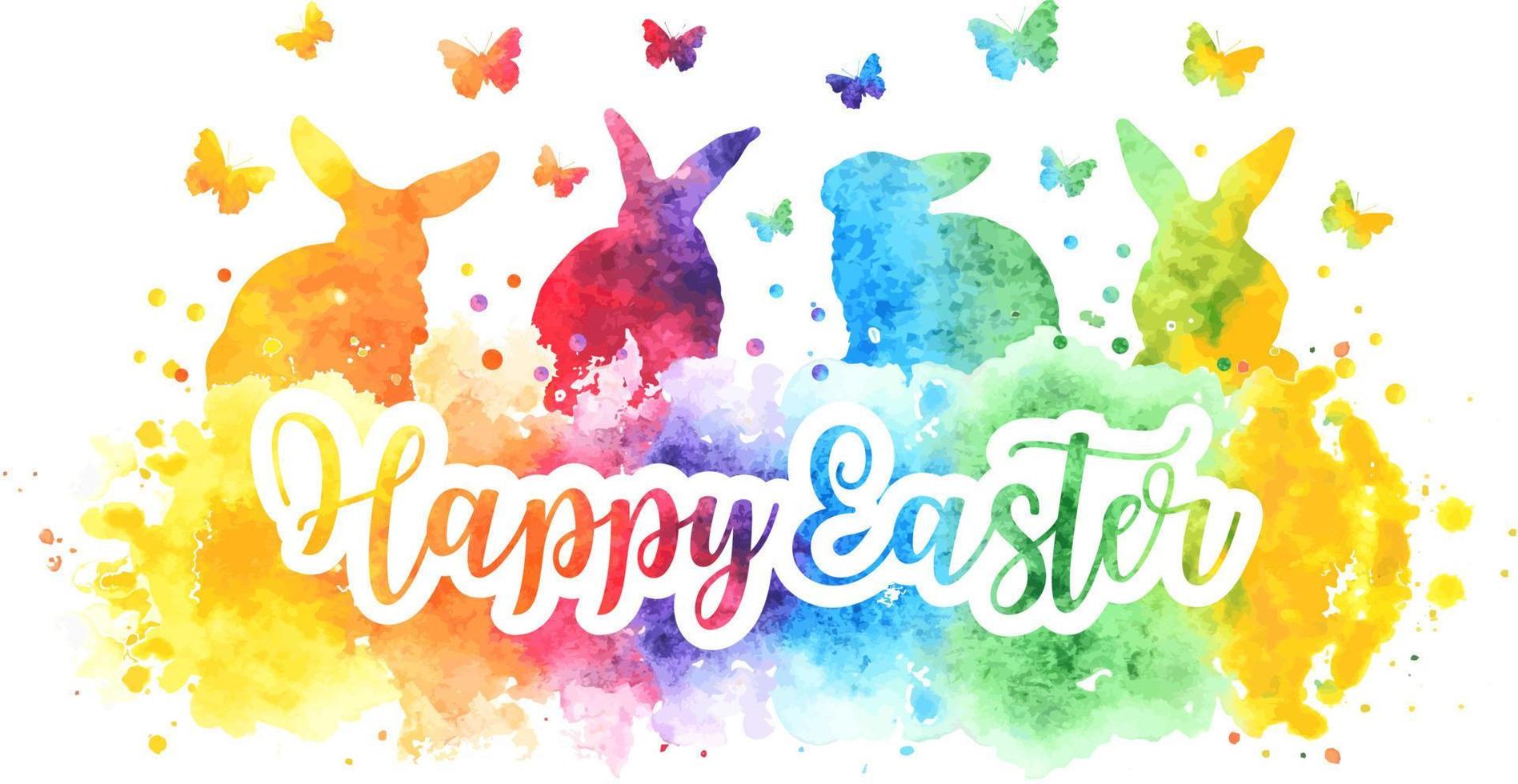 Happy Easter watercolor rainbow banner with bunnies and butterflies. vector illustration