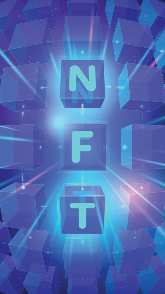 Vector banner with NFT typography on blue cubes background. Vertical template for social media, stories, infographics. Concept of non-fungible tokens, unique digital crypto art, blockchain technology