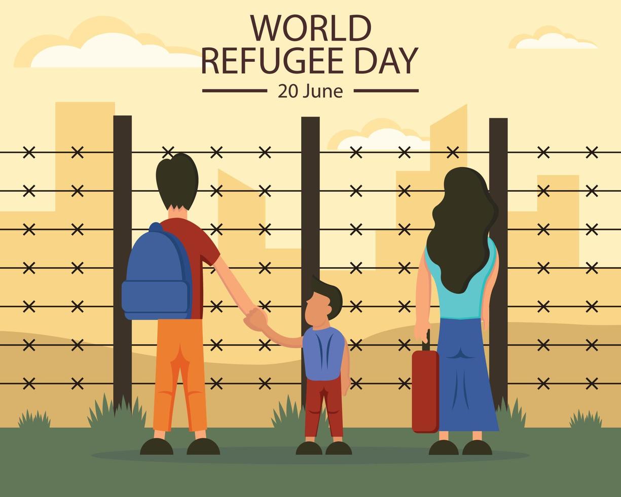 illustration vector graphic of the family took refuge in the barbed fence dividing the city, perfect for international day, world refugee day, celebrate, greeting card, etc.