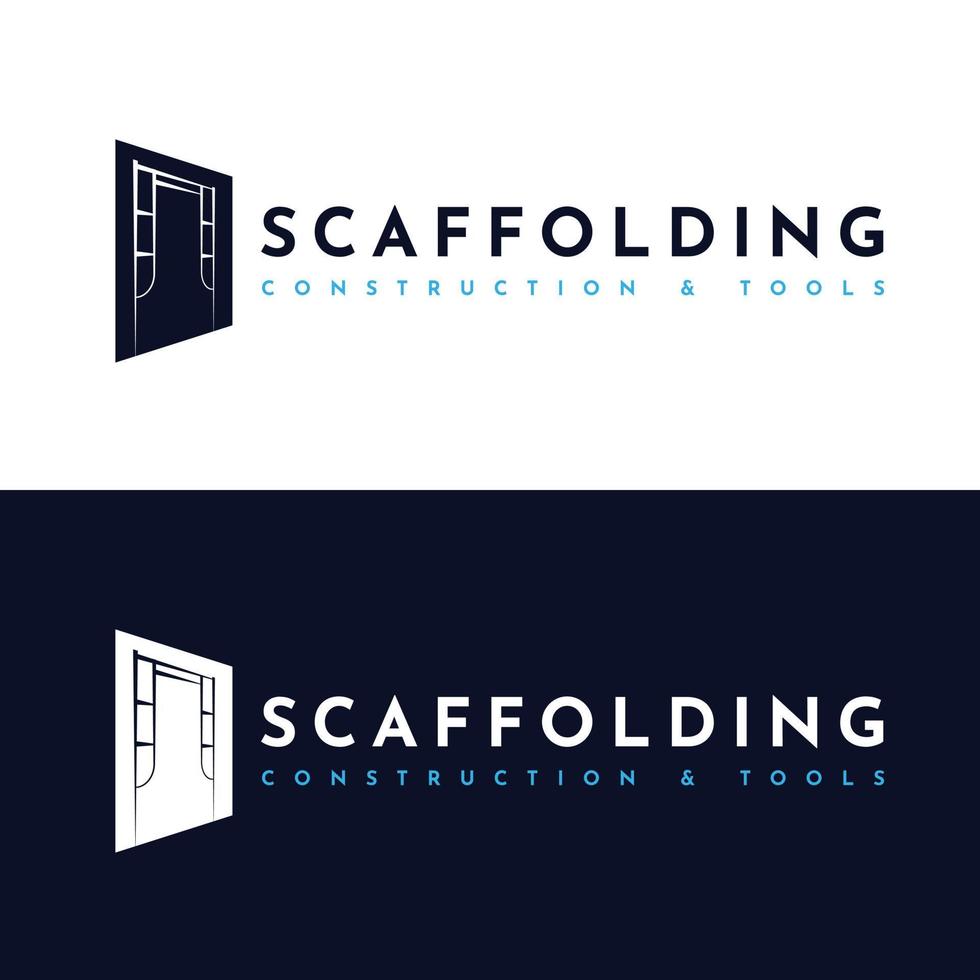 Scaffolding Logo Design. Building tool construction vector design. On navy blue, cyan, and white colors. Scaffold illustration
