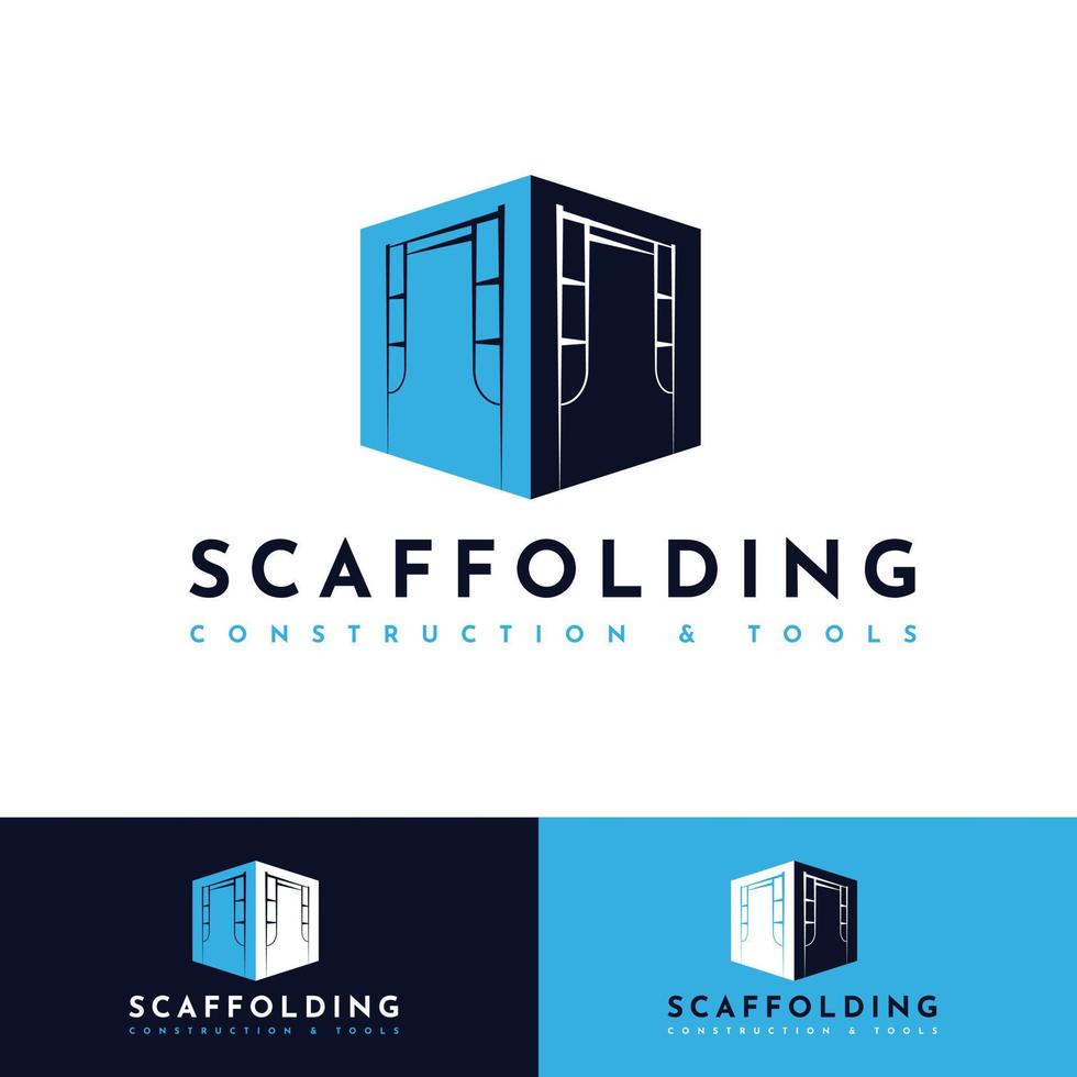 Scaffolding Logo Design. Building tool construction vector design. On navy blue, cyan, and white colors. Scaffold illustration