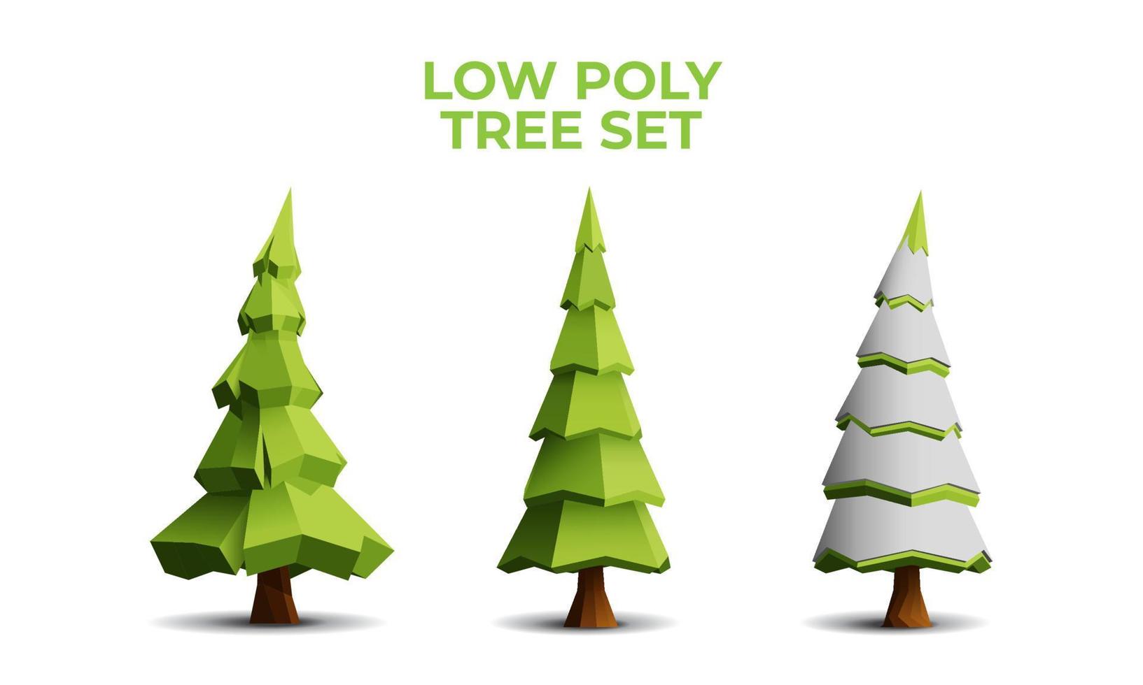 Collection of stylized low poly pine trees. Vector 3D Illustration.