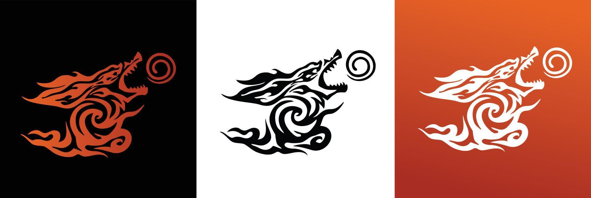 Tribal style dragon silhouette spitting balls in three frames vector
