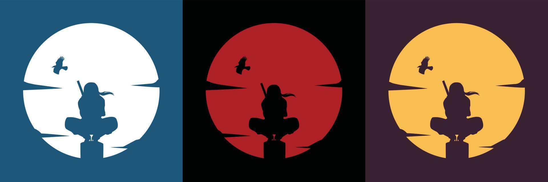 Ninja silhouette against full moon background in three frames vector