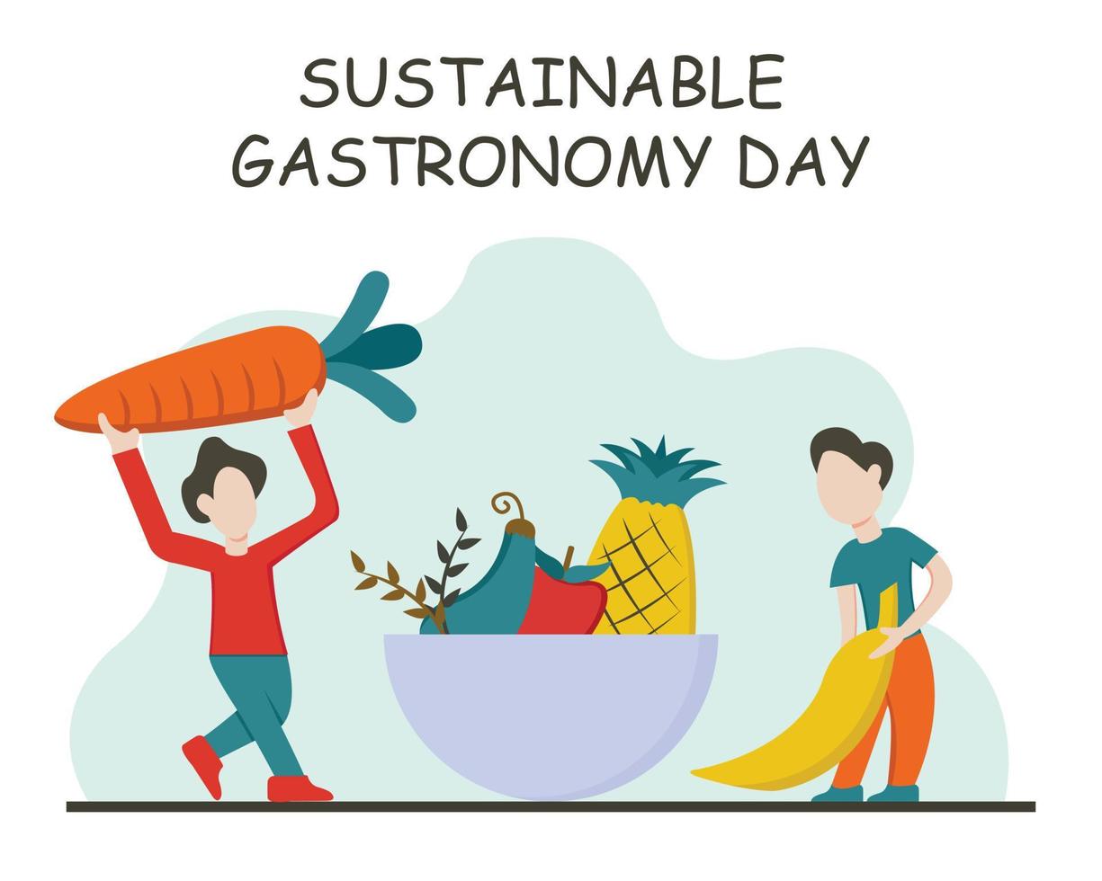 ilustración vector gráfico de dos hombres poner vegetales y Fruta dentro un bol, Perfecto para internacional día, sostenible gastronomía día, celebrar, saludo tarjeta, etc.