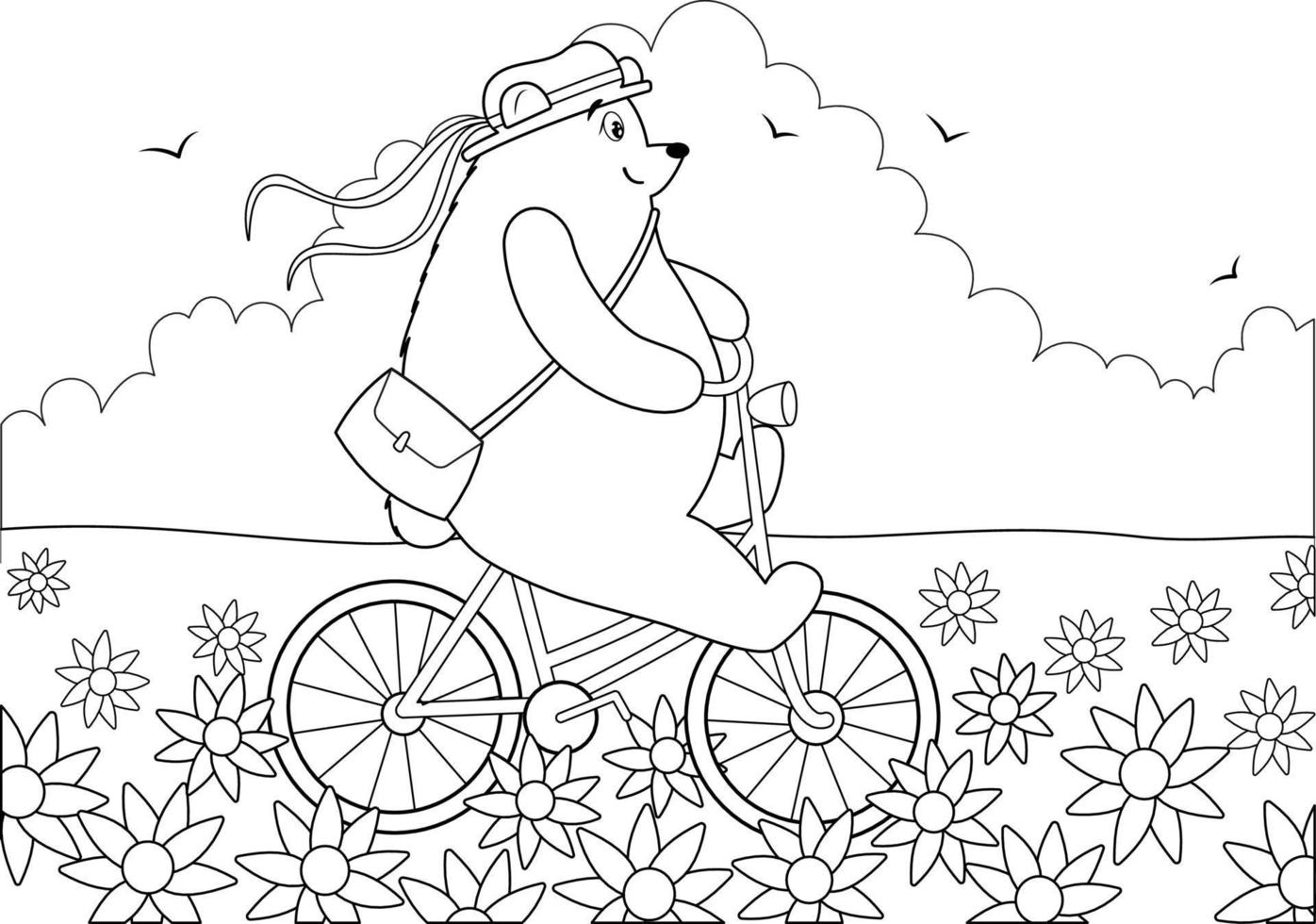 colorante página con un oso en un bicicleta vector