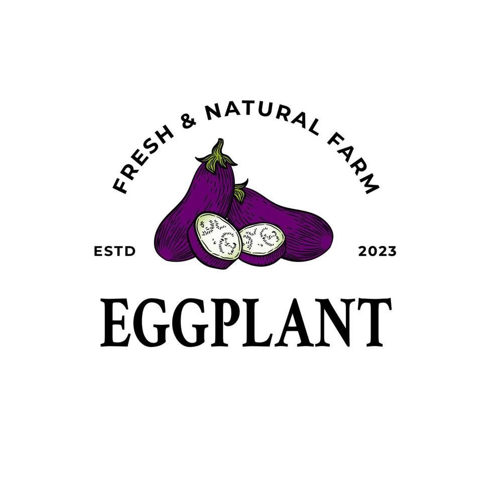 berenjena Insignia o logo modelo. mano dibujado vegetal bosquejo con retro tipografía. prima planta establecido vegano comida emblema aislado vector