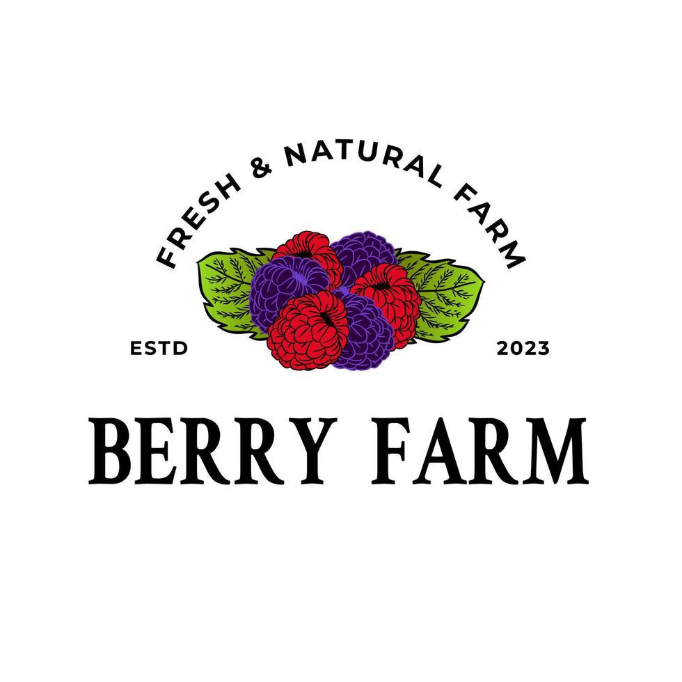Raspberries food logo template. Hand drawn illustrations for for restaurant, bar, vegan, healthy and organic food, market, farmers market, cooking school, food truck, delivery service. vector