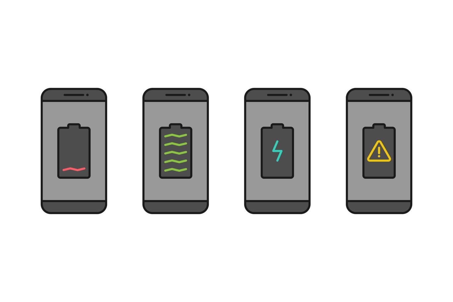 Smartphone battery notification vector icon sign symbol, smartphone and battery low, full, charge, damaged