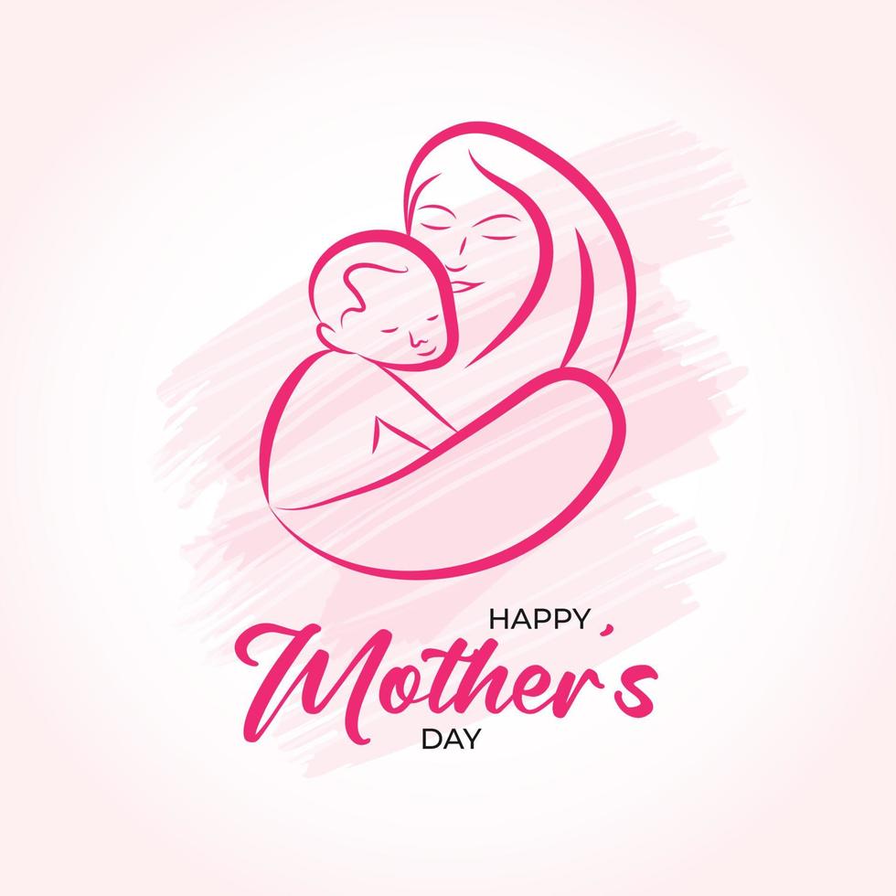 Happy mothers day greeting card mom and baby line style vector