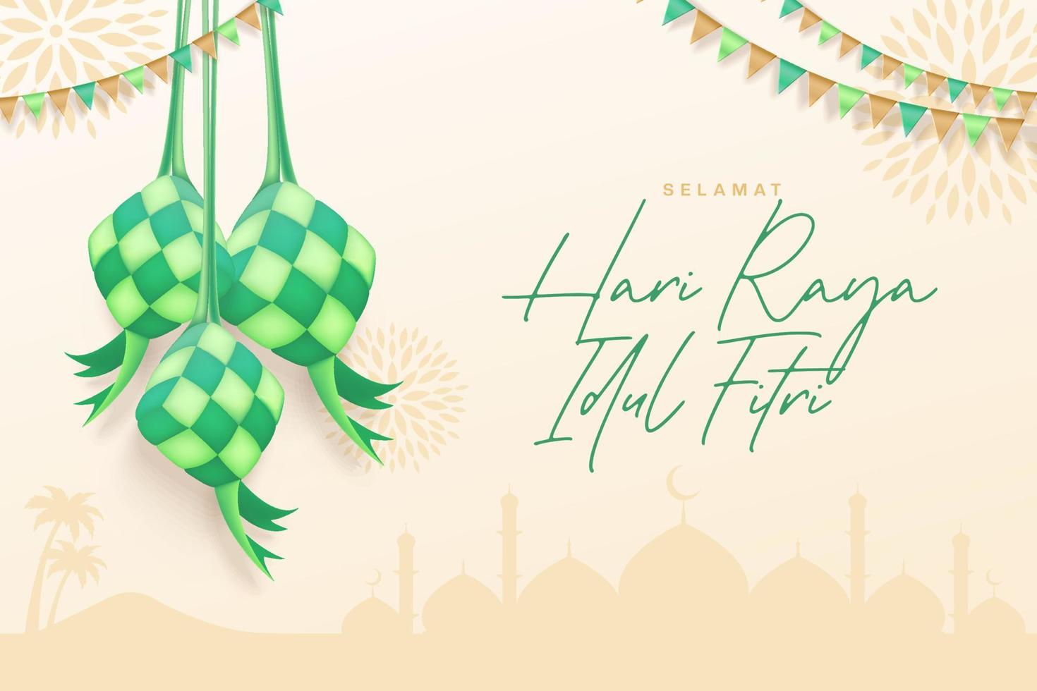 3d modern Islamic holiday background, suitable for Ramadan, Eid Fitri, Eid Adha and Maulid. Moon and ketupat with islamic decor on cream background. vector