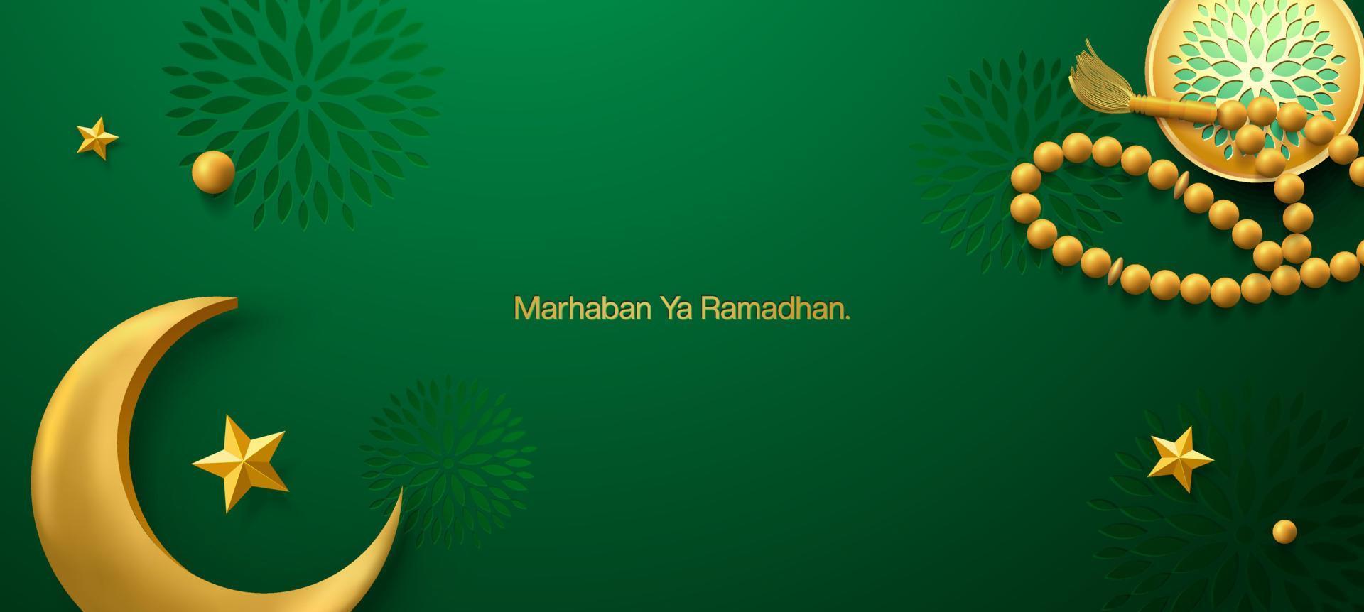 3d modern Islamic holiday banner, suitable for Ramadan, Eid Fitri, Eid Adha and Maulid. Moon and islamic decor on green background. vector
