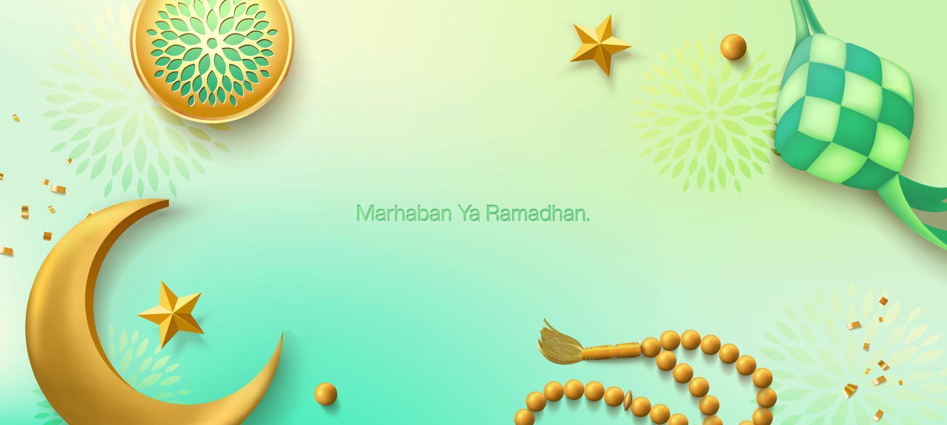 3d modern Islamic holiday banner, suitable for Ramadan, Eid Fitri, Eid Adha and Maulid. Moon and ketupat with islamic decor on soft green background. vector