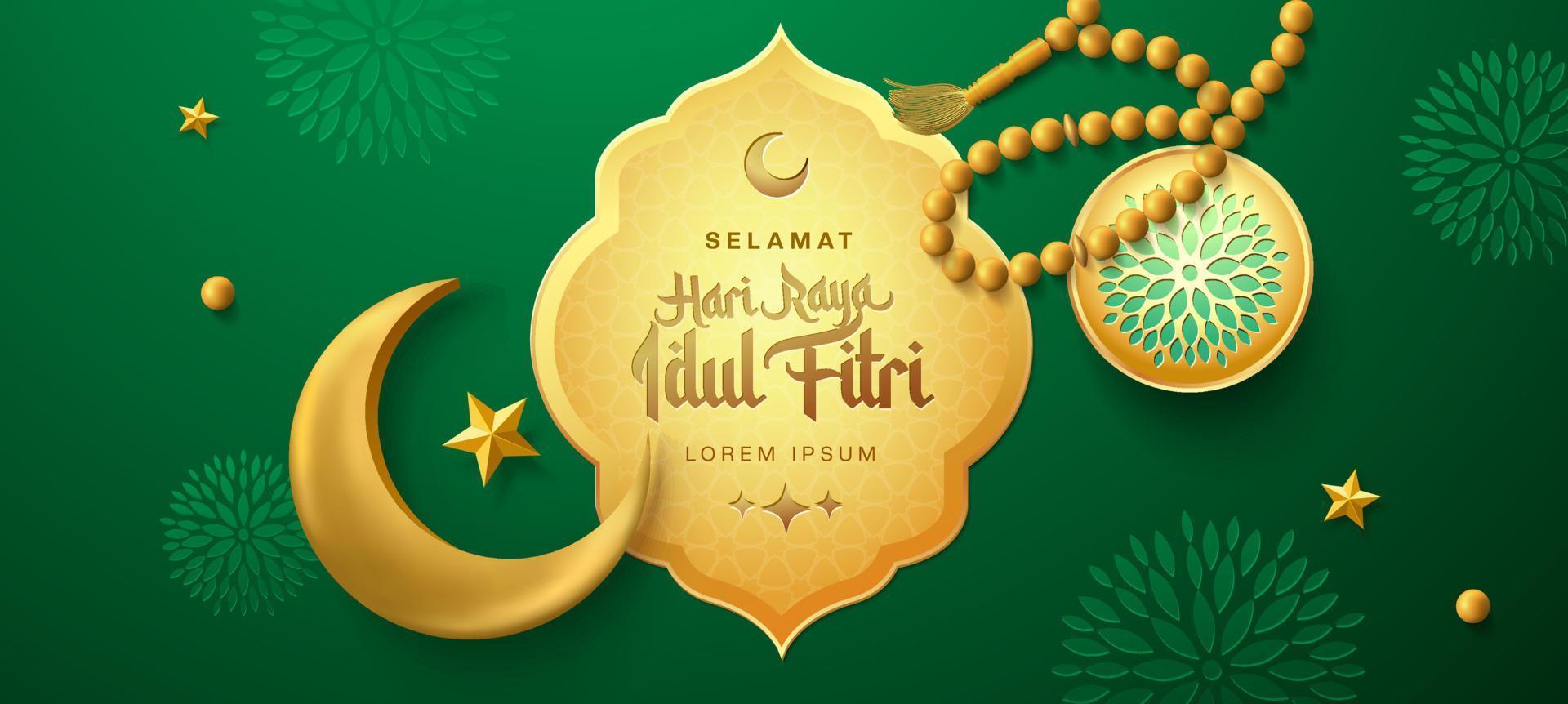 3d oro moderno islámico fiesta bandera, adecuado para ramadán, eid fitri, eid adha y maulid. Luna y islámico decoración en verde antecedentes. vector