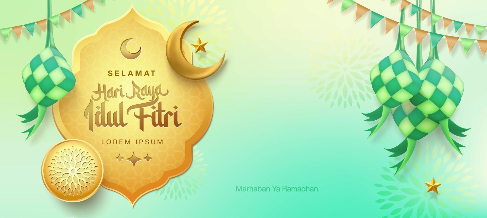 3d modern Islamic holiday banner, suitable for Ramadan, Eid Fitri, Eid Adha and Maulid. Moon and ketupat with islamic decor on soft green background. vector