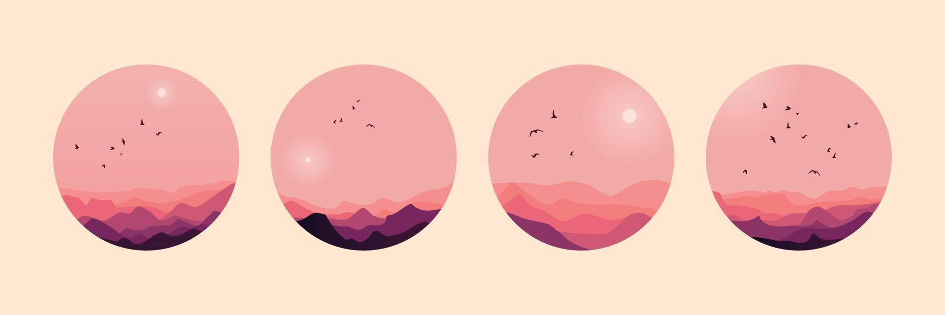 Set of decorative circular pink illustrations of landscapes with birds and mountains. Perfect for decoration. vector