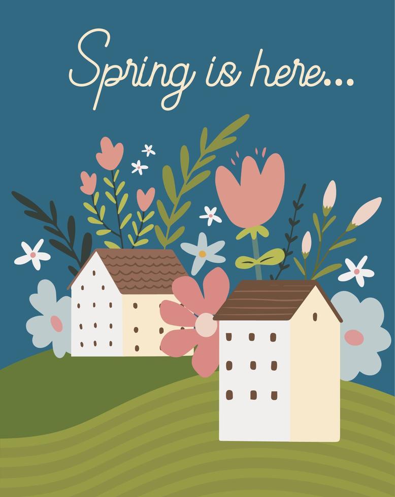 Spring is here illustration with cute houses and flowers vector