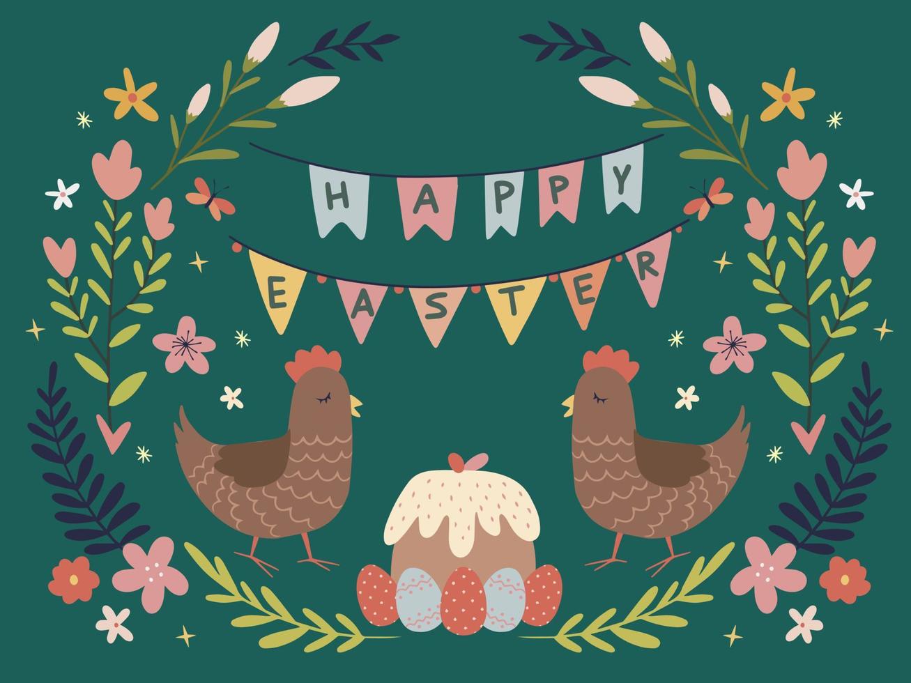 Happy Easter card wit flowers, cake, cute chickens vector