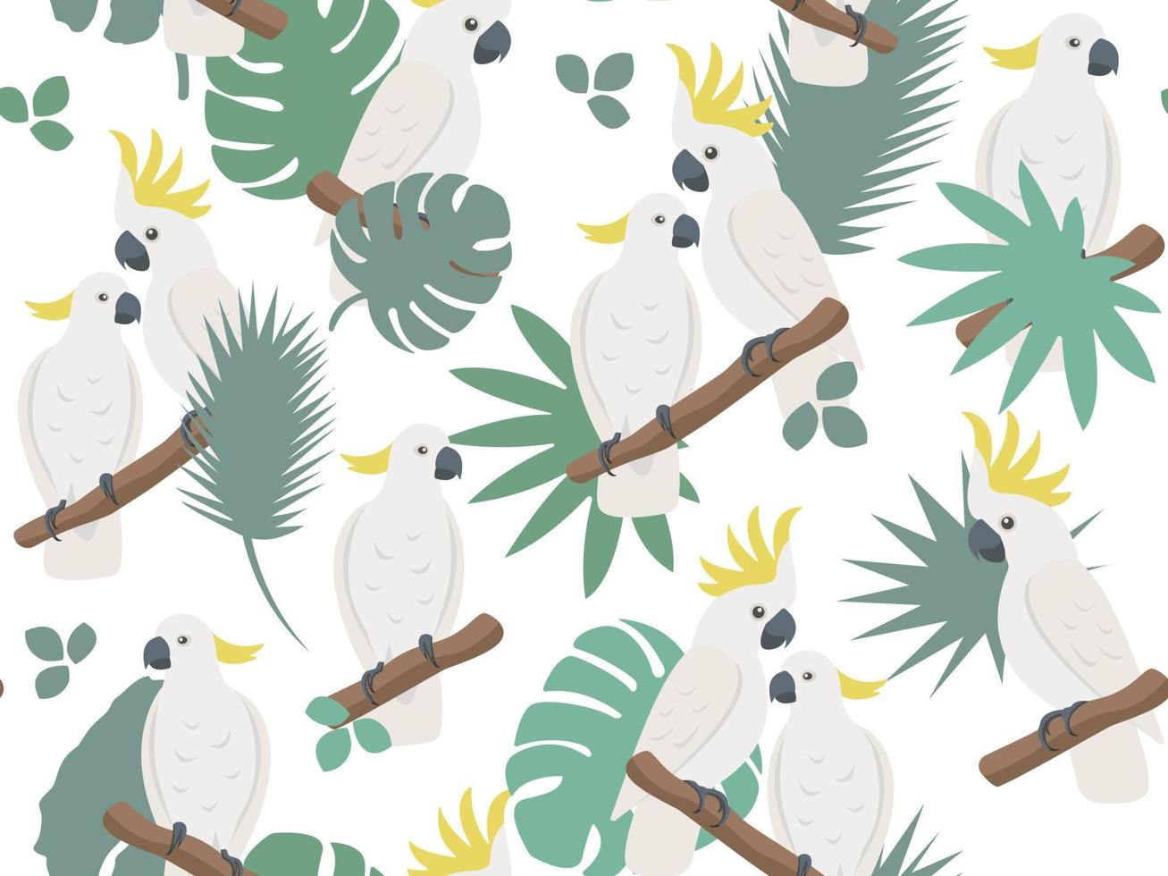 Vector love parrot seamless pattern. Cartoon cute cockatoo family with tropical leaves. Happy Valentine concept. Creative style texture for fabric, wrapping, textile, wallpaper, apparel.