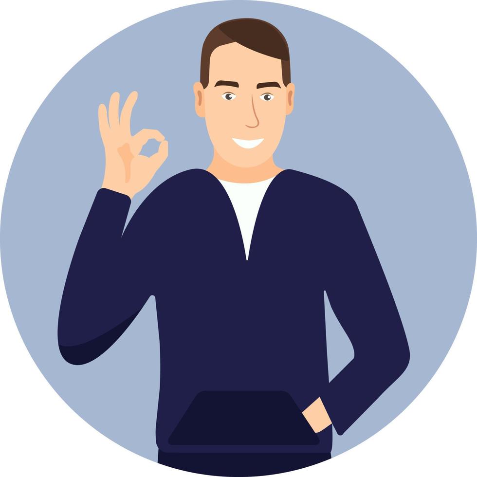 Man shows positive gesture, Happy male character shows Ok symbol, satisfied cheerful young man. Body Language. Cartoon vector character