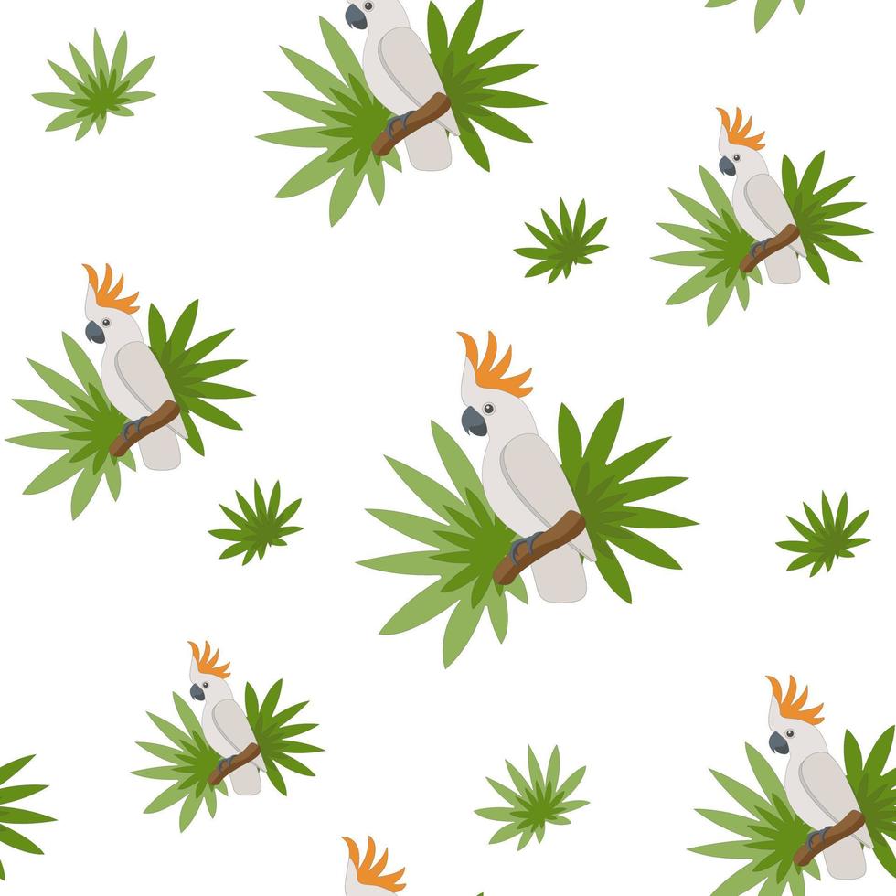 Seamless pattern of Australian white cockatoo with tropical leaves on white background. Exotic tropical print vector