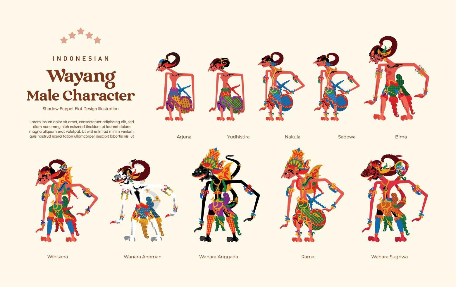 Isolated Set of Indonesian wayang male character flat design illustration vector