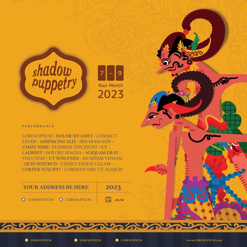 Javanese poster event with flat design wayang or shadow puppet illustration for social media post or banner vector