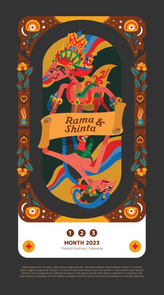 Ramayana sanskrit epic love story idea design with ethnic vibes wayang rama shinta shadow puppet illustration vector