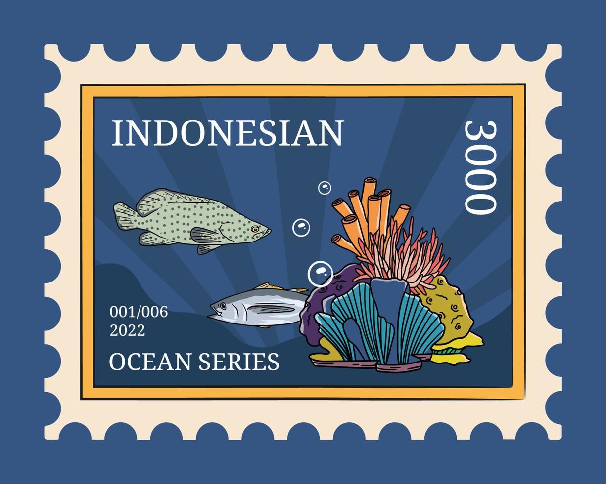 Indonesian postage template with theme marine ocean illustration vector