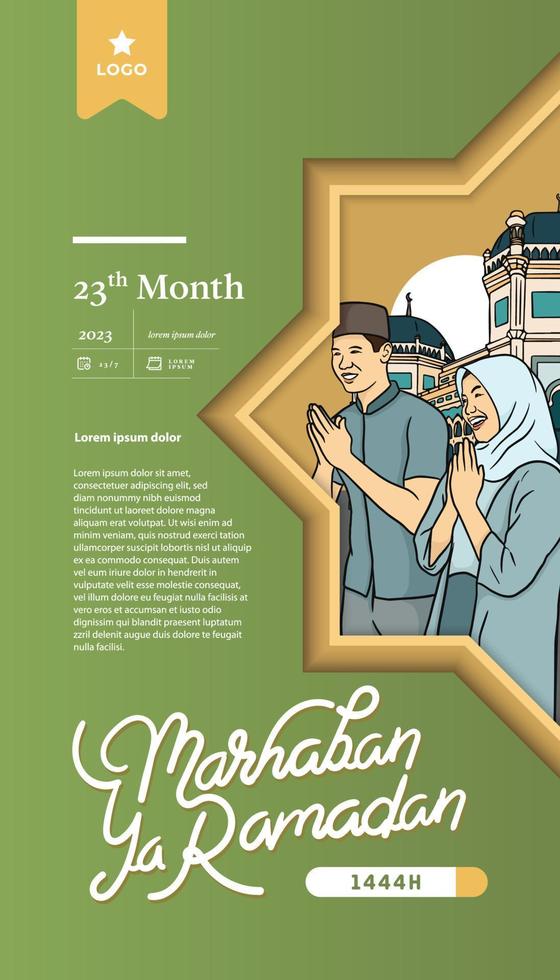 Ramadan illustration with islamic people and mosque for banner or flyer vector