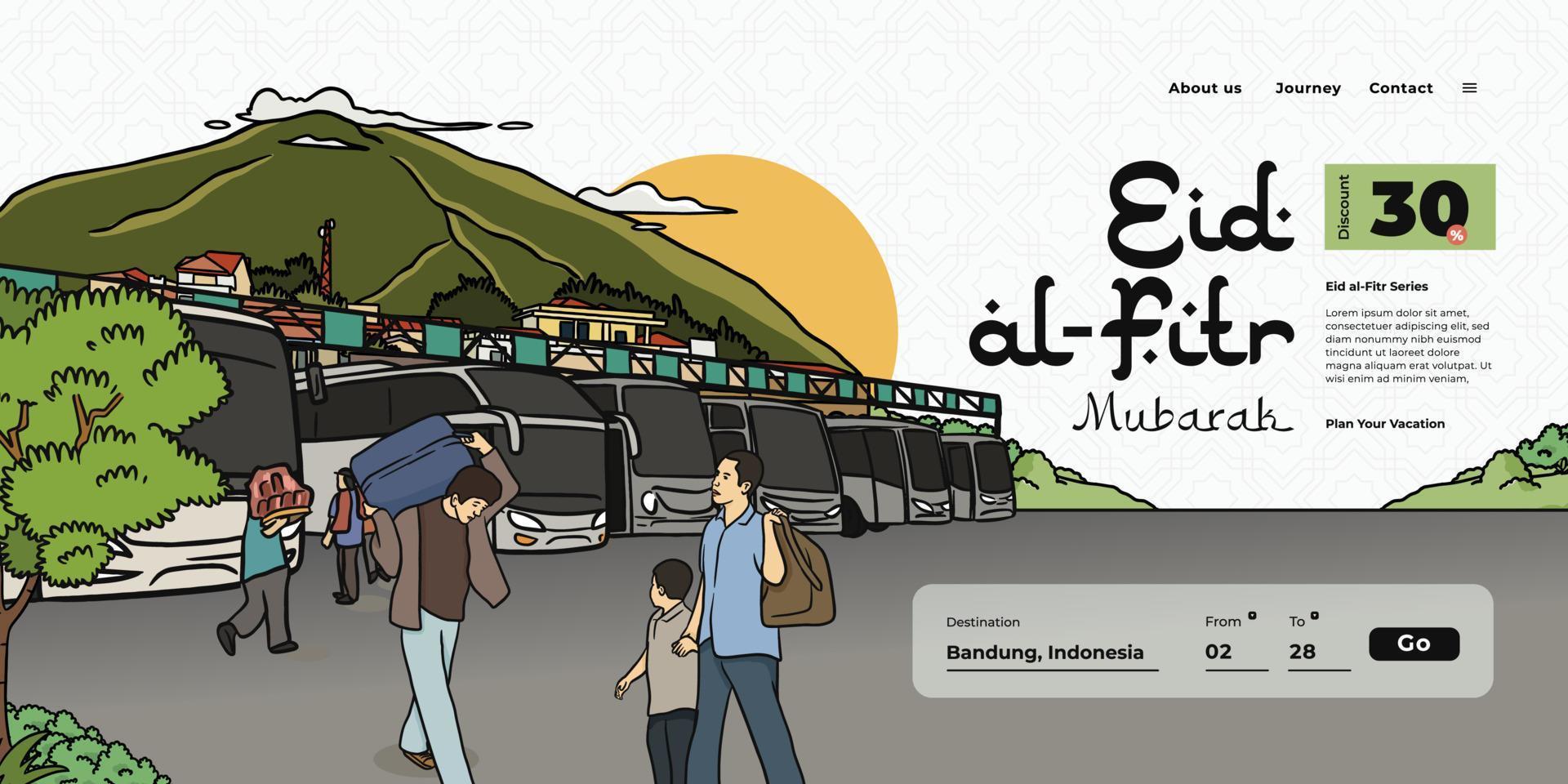 Landing page design idea illustration for travel tourism company with indonesian culture on eid al-fitr vector