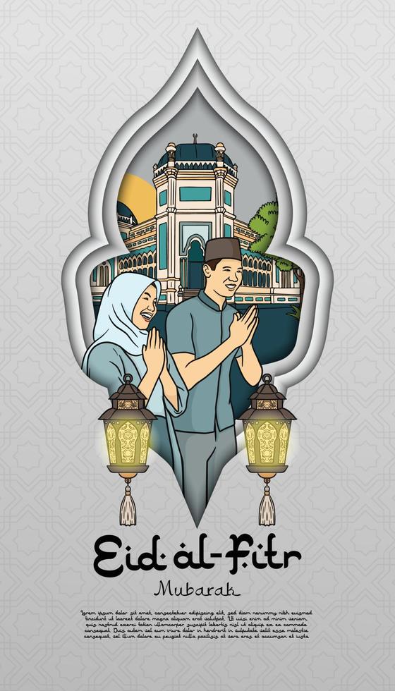 Vector handdrawn illustration with mosque and moslem greeting for eid al-fitr