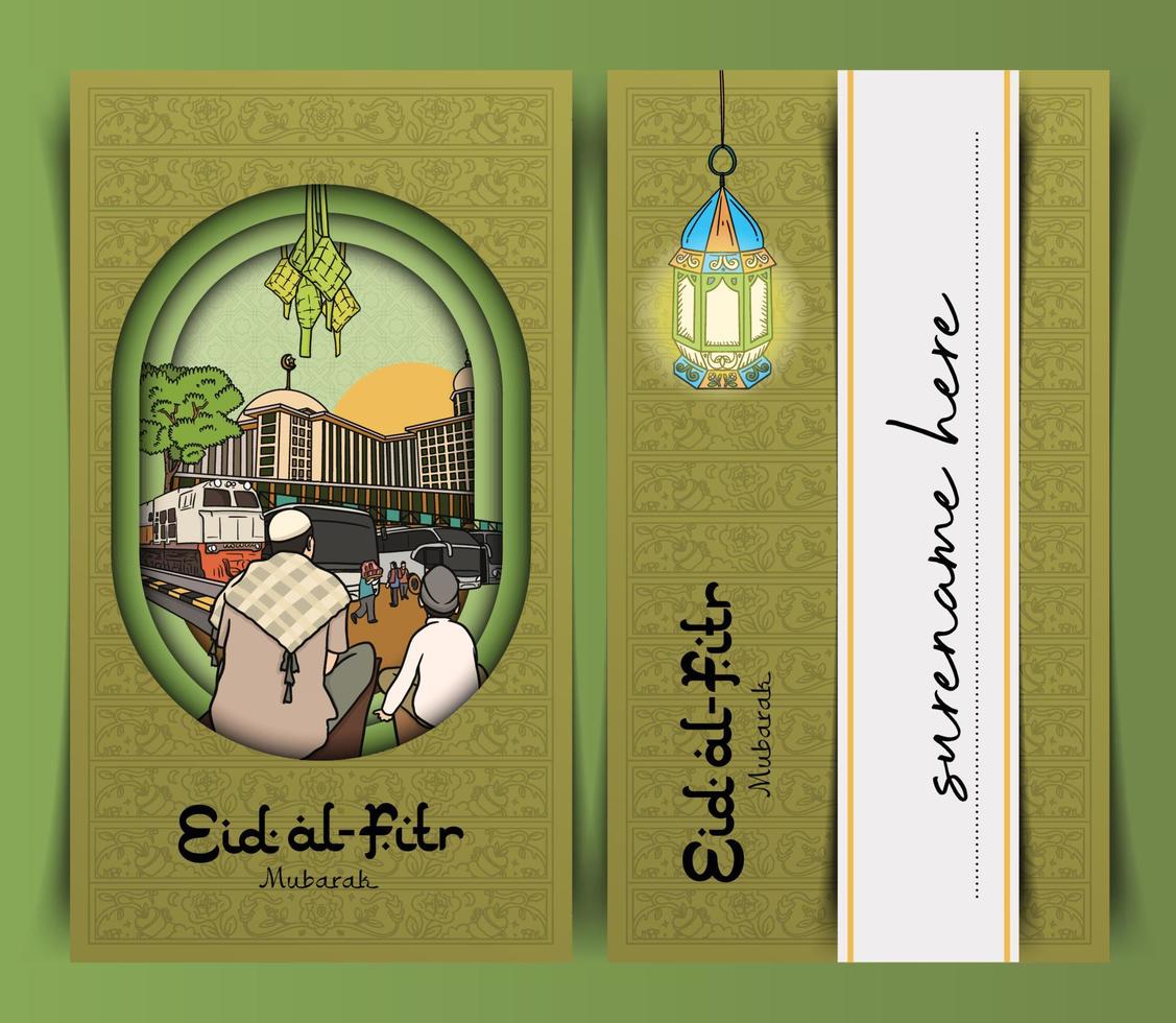 Green envelopes design idea for eid al-fitr with indonesian culture vector